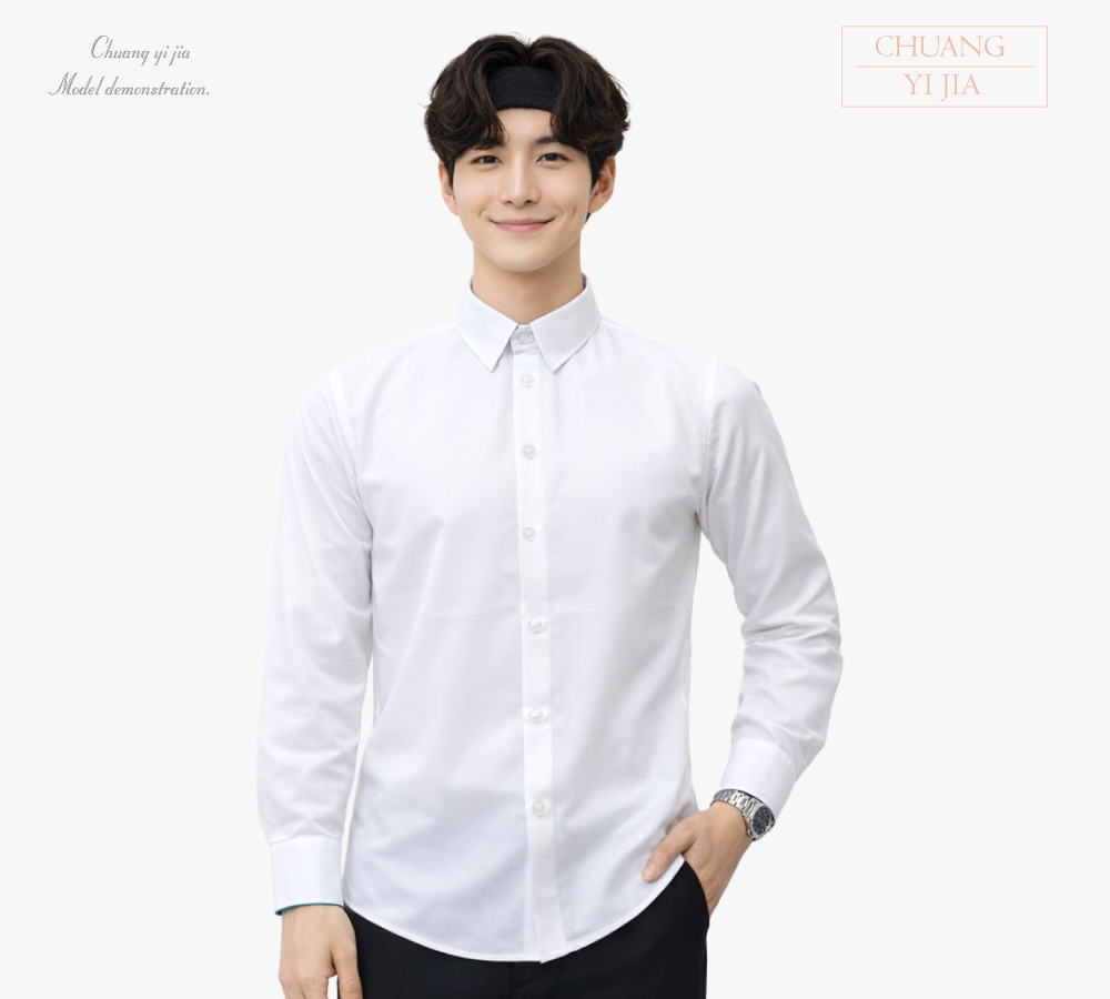 創意家團體服 男款商務短袖襯衫 訂製制服 白色 圓弧下擺款 正面示意