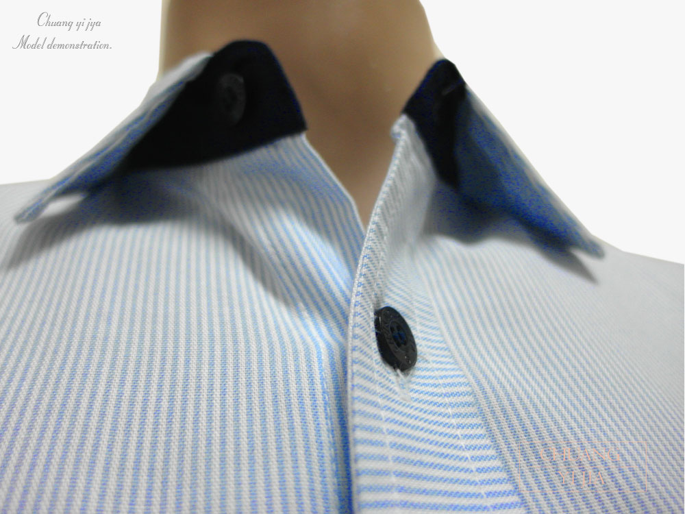 專櫃襯衫 訂製 短袖 領座黑細條紋 藍-創e家團體服