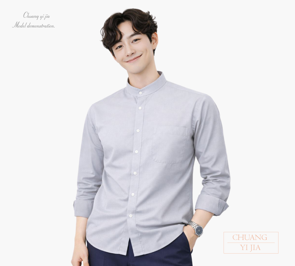創意家團體服 男款商務短袖襯衫 訂製制服 淺灰色 正面示意