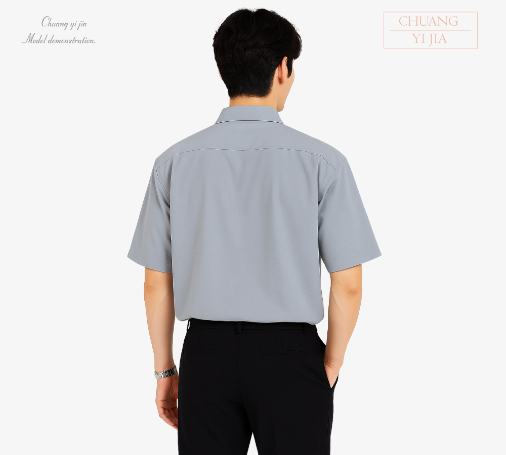 創意家團體服-男款休閒短袖襯衫｜訂製制服 灰色泡泡紗-背面示意