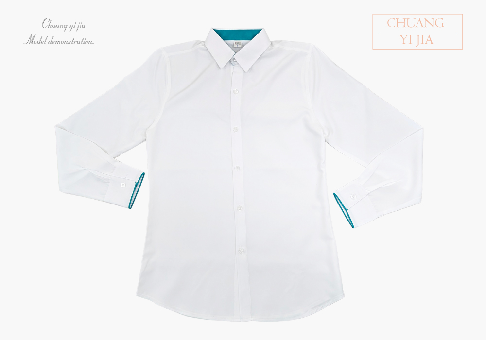 創意家團體服-男款長袖襯衫｜訂製 白配湖水綠-正面平拍