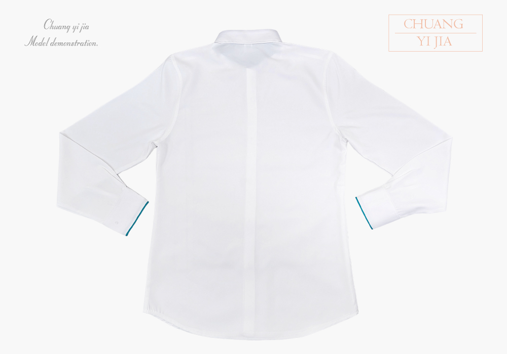 創意家團體服-男款長袖襯衫｜訂製 白配湖水綠-背面平拍