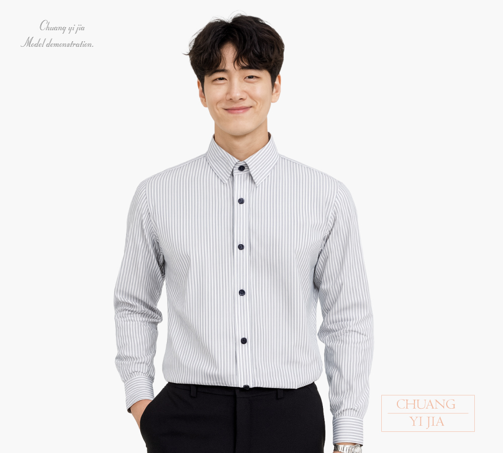創意家團體服-專櫃襯衫訂製|長袖 白條紋黑-正面示意