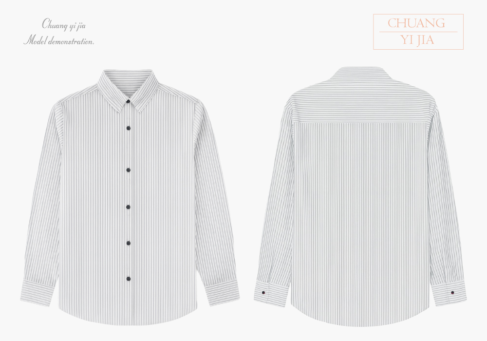 創意家團體服-專櫃襯衫訂製|長袖 白條紋黑-正反面平拍