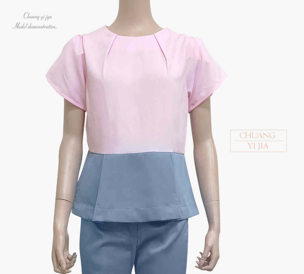 台灣創意家服飾團體服-專櫃襯衫 訂製 短袖 交叉袖 粉配藍灰