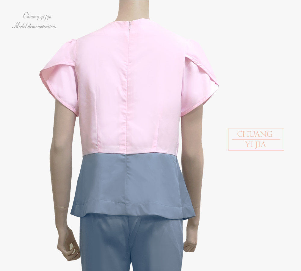 台灣創意家服飾團體服-專櫃襯衫 訂製 短袖 交叉袖 粉配藍灰