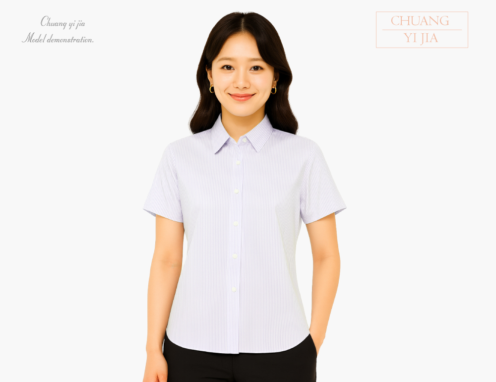 創意家團體服-專櫃襯衫訂製｜短袖 白條紋紫-正面示意