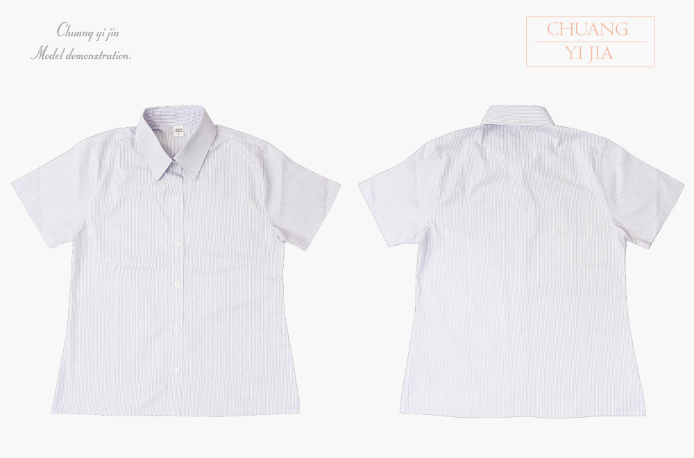創意家團體服-專櫃襯衫訂製｜短袖 白條紋紫-正反面平拍