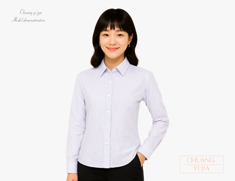 創意家團體服-專櫃襯衫訂製|長袖 白條紋紫-正面示意