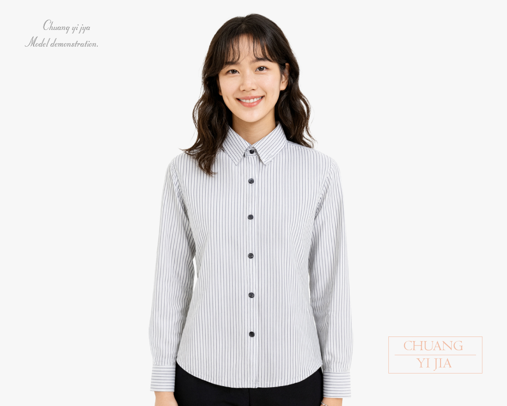 創意家團體服-專櫃襯衫訂製|長袖 白條紋黑-正面示意