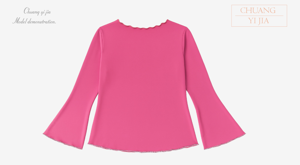 創e家團體服-舞蹈上衣-寬襬波浪捲邊造型 桃紅 背面平拍
