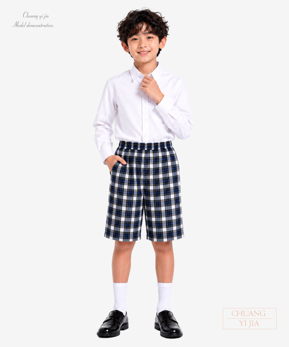 創e家團體服-合唱團表演服｜五分褲｜假褲襠｜青色格紋款-正面全身示意