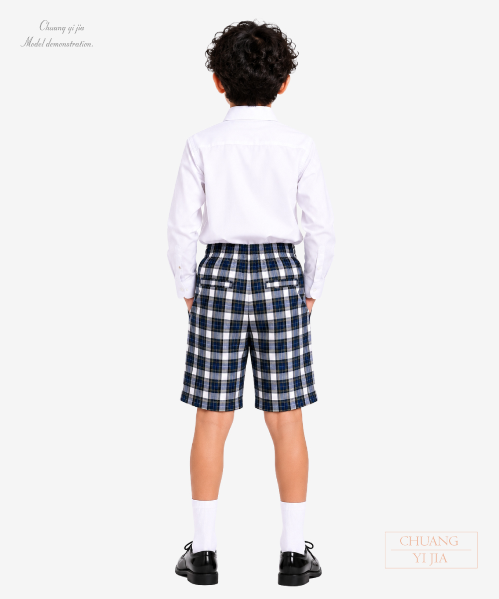 創e家團體服-合唱團表演服｜五分褲｜假褲襠｜青色格紋款-背面全身示意