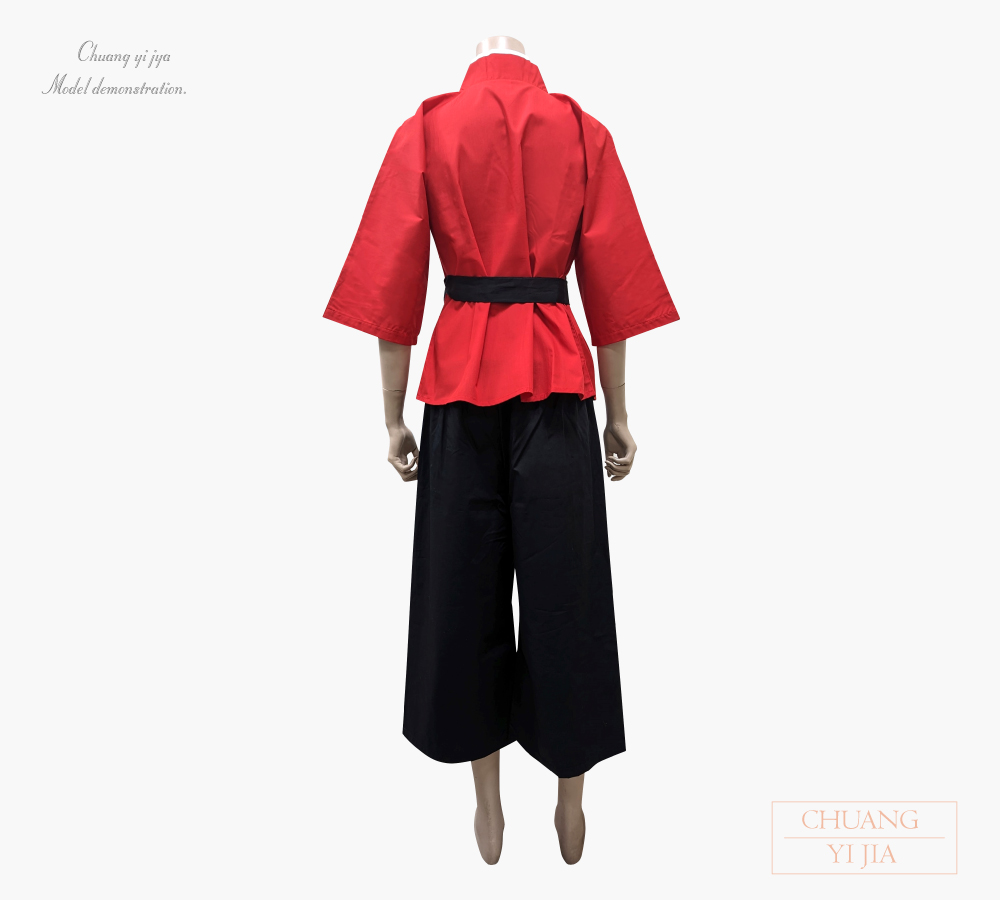 創e家團體服-太鼓服訂製-腰帶一體款 紅配黑 全套背面