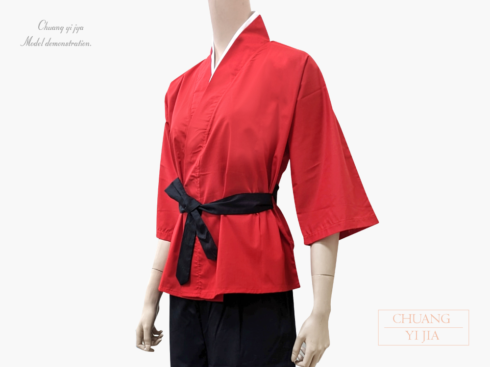 創e家團體服-太鼓服訂製-腰帶一體款 紅配黑 側面