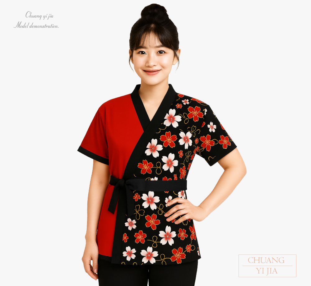 創意家團體服-太鼓服 訂製｜昇華花布黑配紅-正面示意