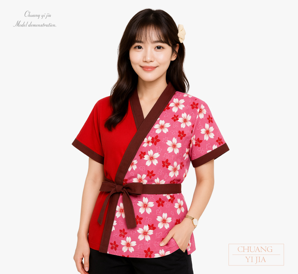 創意家團體服-太鼓服 訂製|昇華花布粉配紅-正面示意