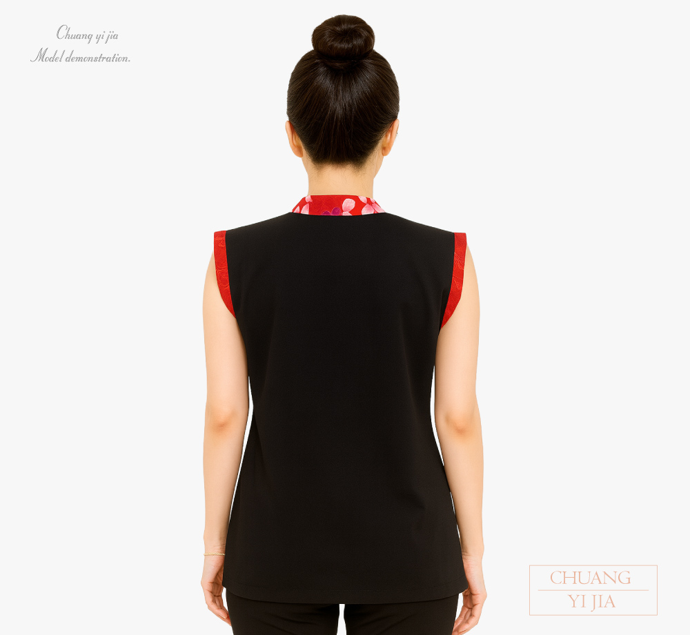 創意家團體服-無袖太鼓服 訂製｜黑配昇華花布紅-背面示意