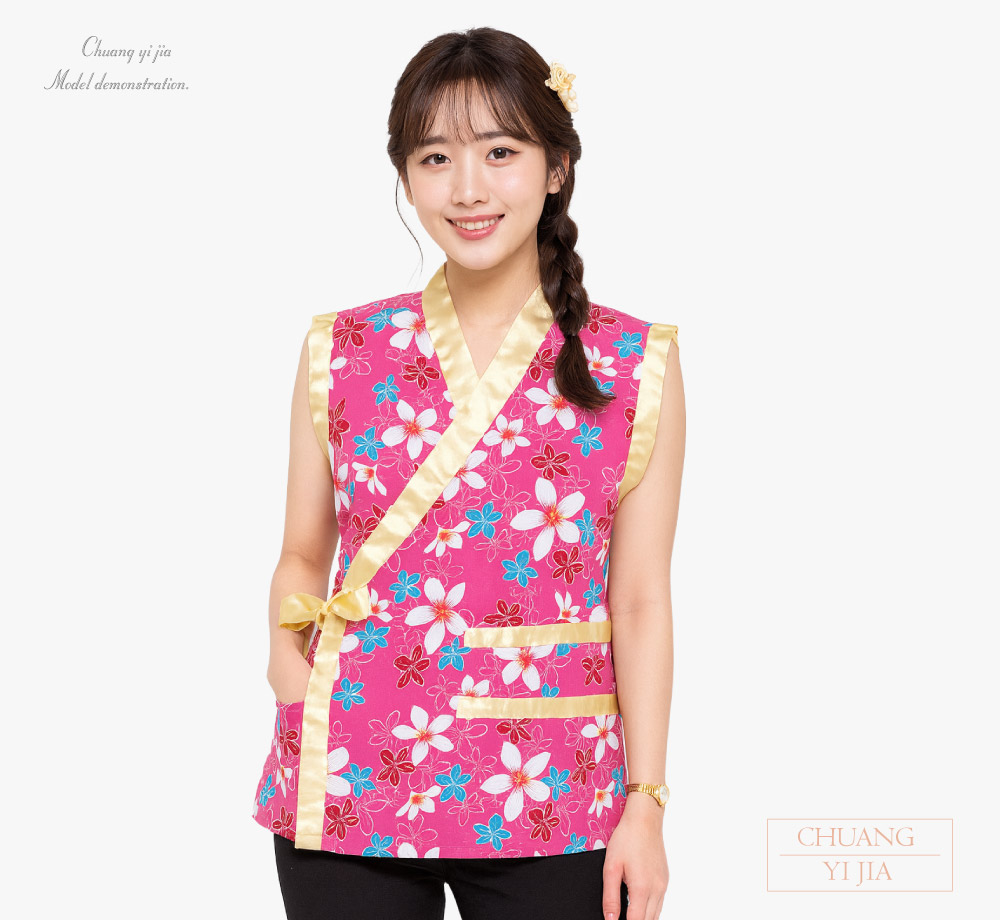 創意家團體服-無袖太鼓服 訂製｜昇華花布粉配金-正面示意