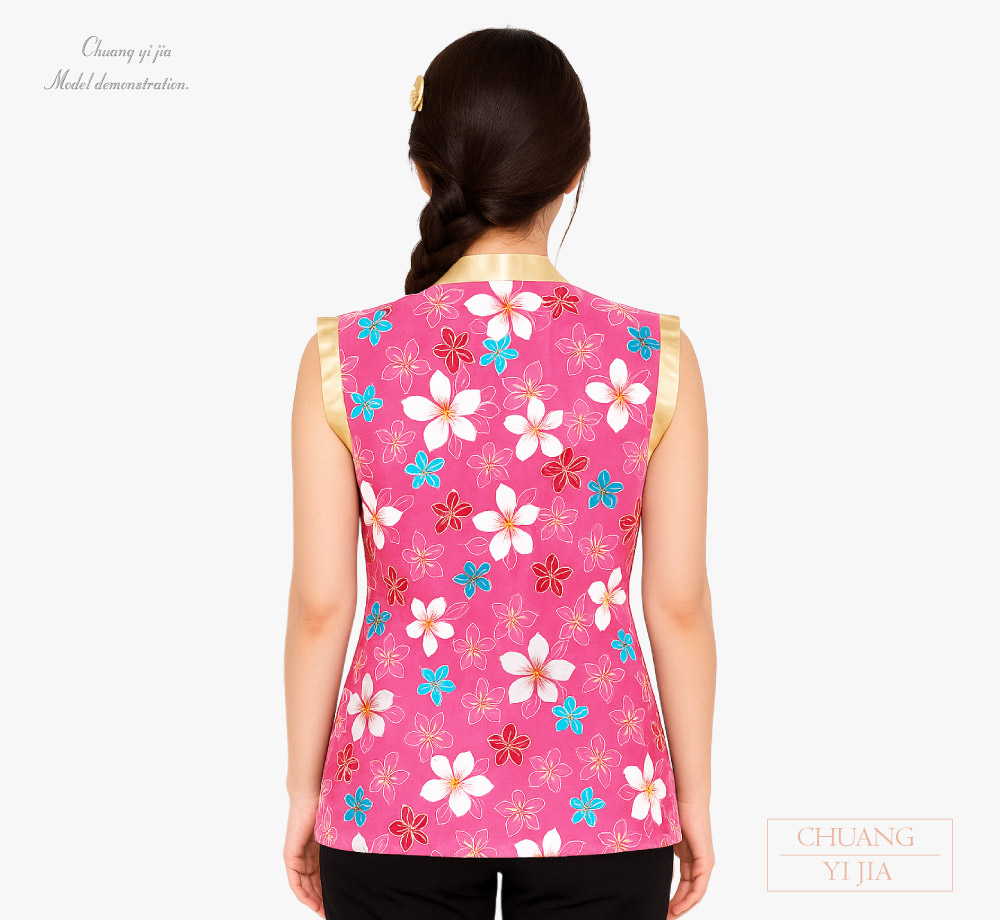 創意家團體服-無袖太鼓服 訂製｜昇華花布粉配金-背面示意