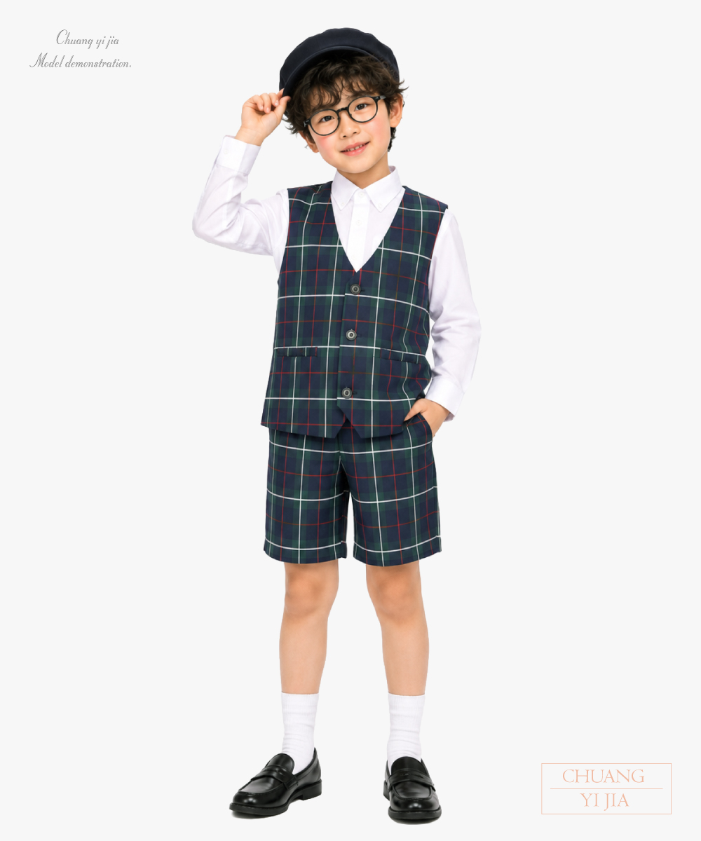 創意家團體服-合唱團服|格子背心 褲裝|綠格子-正面全身示意