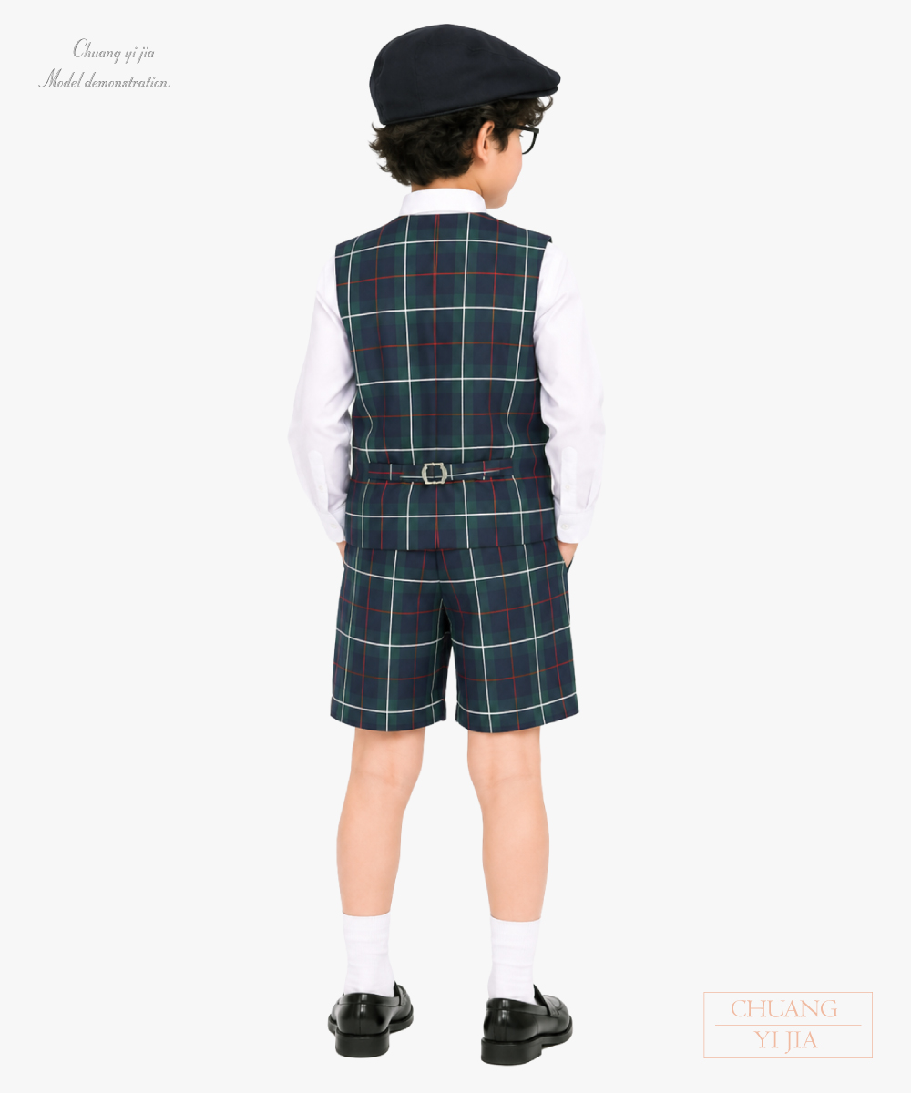 創意家團體服-合唱團服|格子背心 褲裝|綠格子-背面全身示意