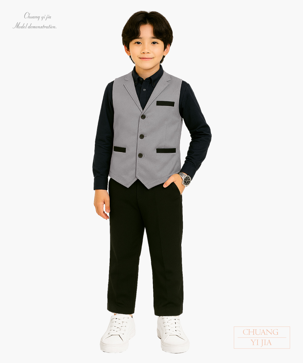 創e家團體服-客製化合唱團服 樂團服訂做 表演服訂製 背心 灰配黑 正面