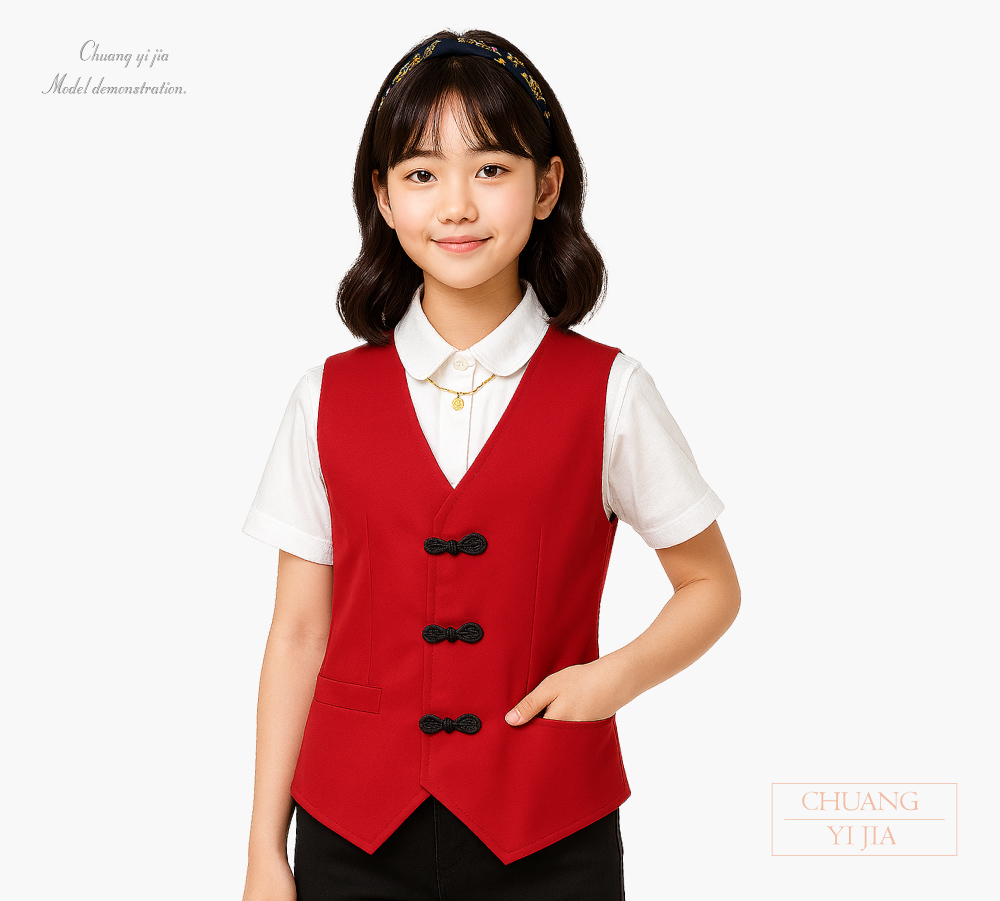 創e家團體服-客製化合唱團服 樂團服訂做 表演服訂製 中式背心 紅色 正面
