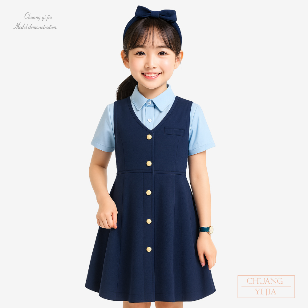 創e家團體服-合唱團服 藍色連身百摺洋裝 正面