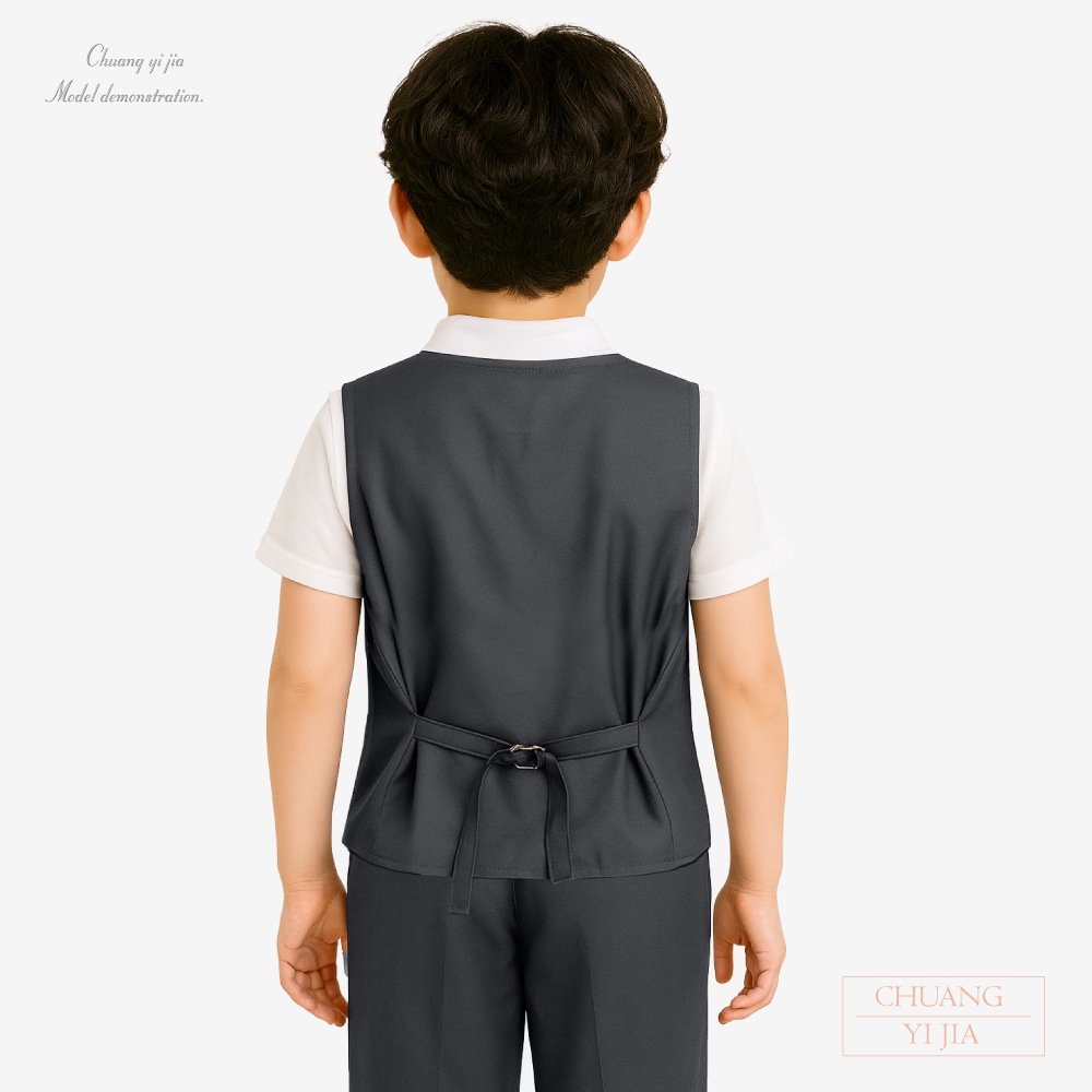 創e家團體服-客製化合唱團服 樂團服訂做 表演服訂製 背心 灰配金釦 背面示意