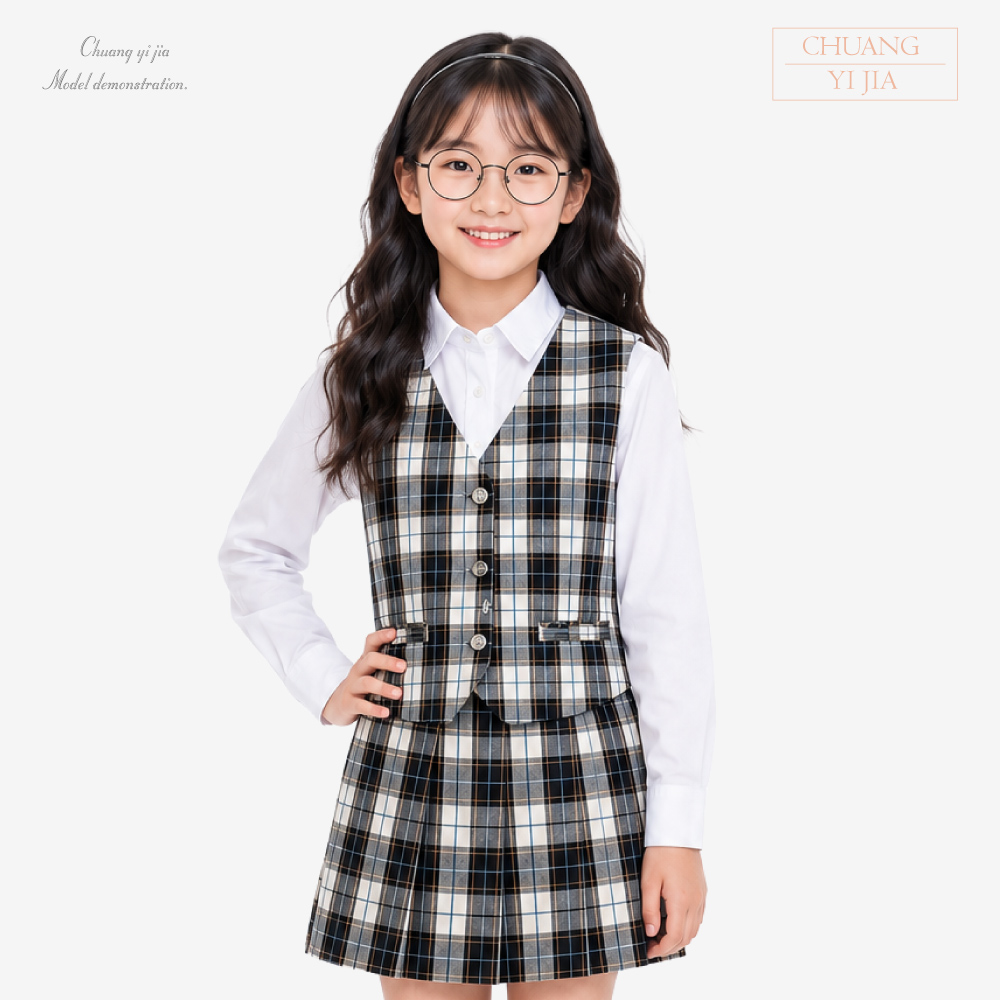 創e家團體服-學院風樂團表演服｜格紋背心兩件式 正面示意