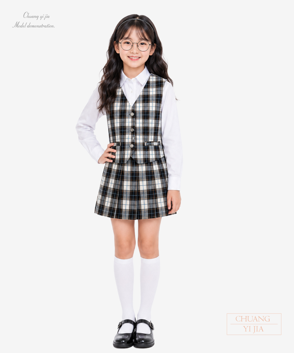 創e家團體服-學院風樂團表演服｜格紋背心兩件式 正面全身示意