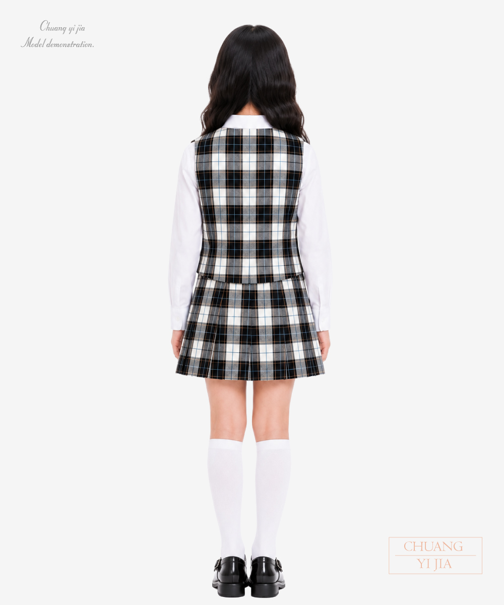 創e家團體服-學院風樂團表演服｜格紋背心兩件式 背面全身示意
