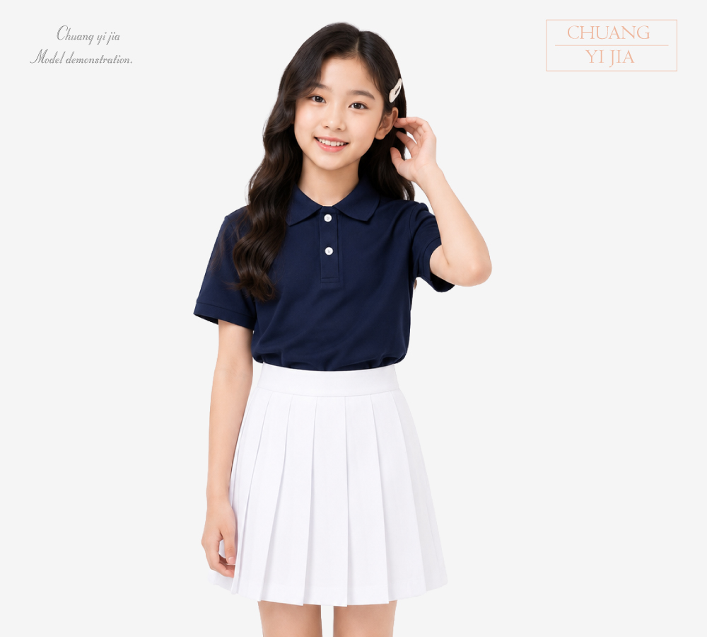 創e家團體服-校園樂團表演服｜Polo衫＋百褶裙-丈青配白-正面示意