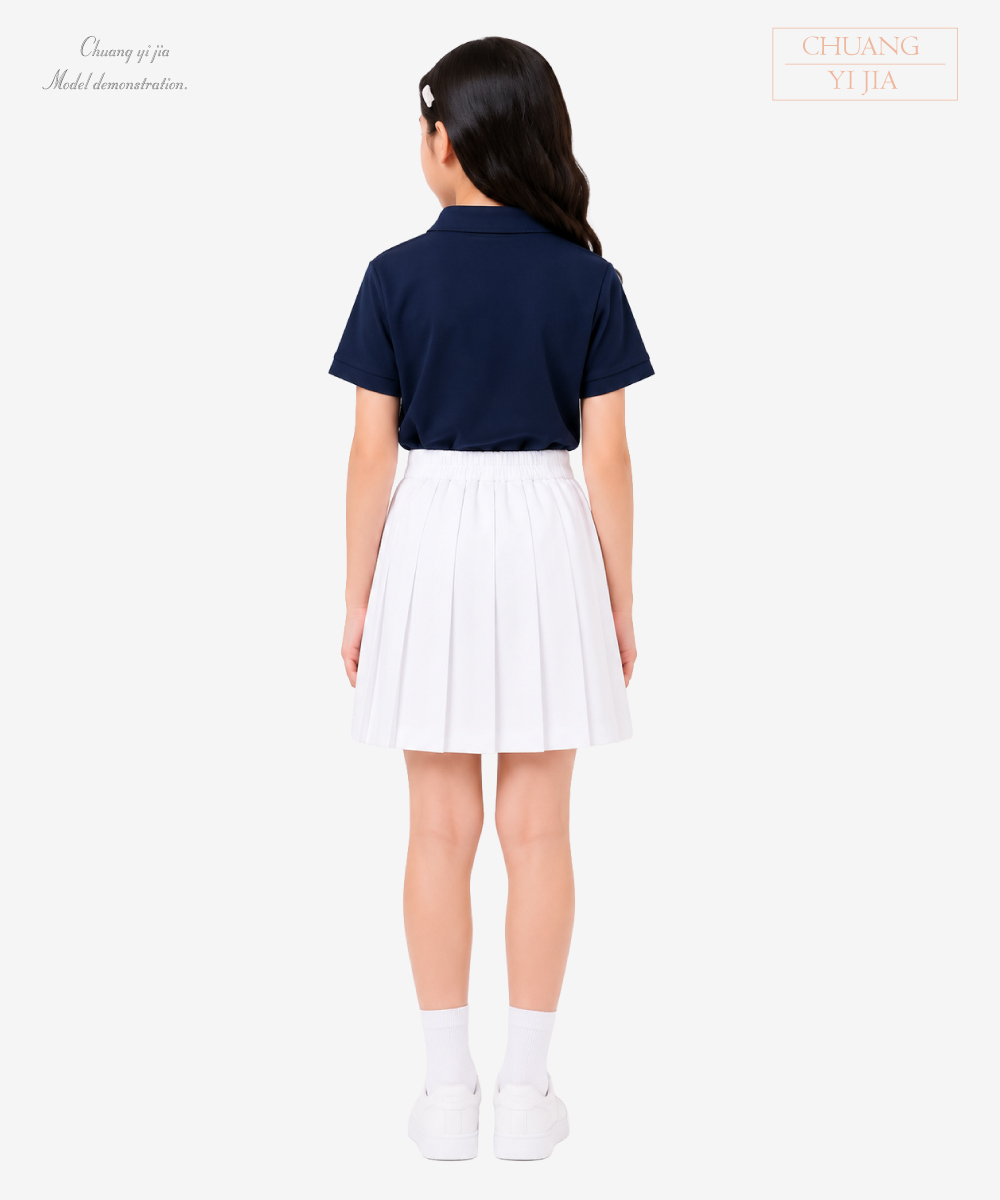 創e家團體服-校園樂團表演服｜Polo衫＋百褶裙-丈青配白-背面示意