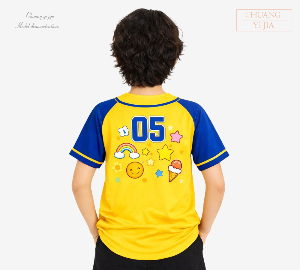 創e家團體服-棒球服昇華訂製款-黃配寶藍-背面示意