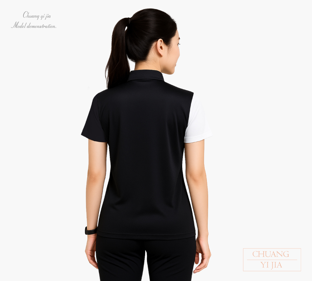 創e家團體服-昇華POLO衫-拉鍊式立領衫-黑白 背面示意