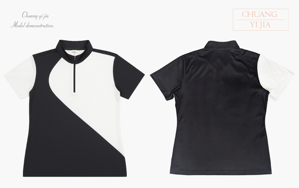 創e家團體服-昇華POLO衫-拉鍊式立領衫-黑白 正反面平拍