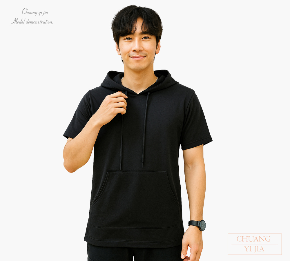 創e家團體服-帽T短袖中性訂製-黑色-正面