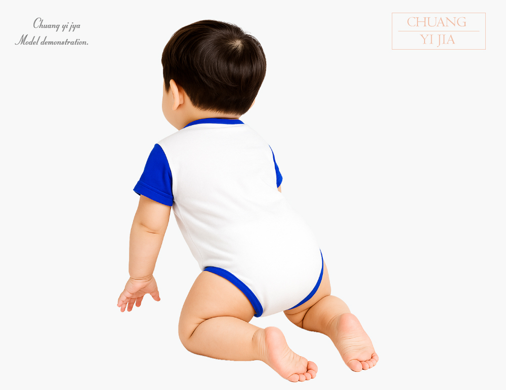 創e家團體服-嬰兒包屁衣-白色配寶藍 背面示意