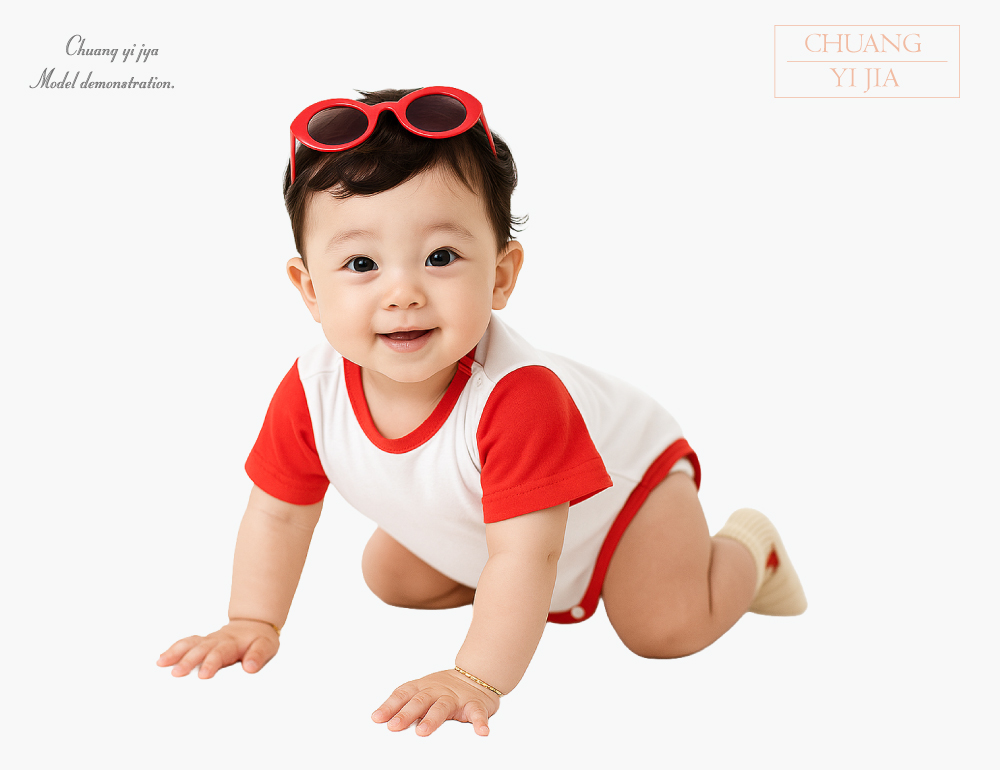 創e家團體服-嬰兒包屁衣-白色配紅 正面示意