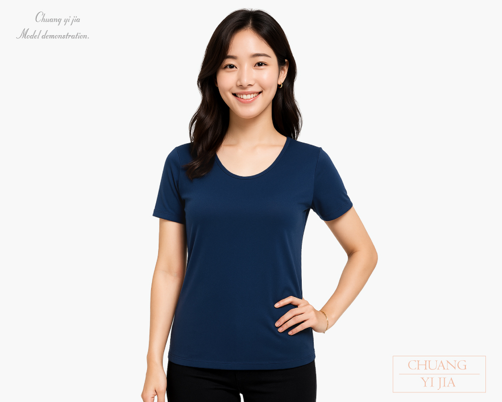 創意家團體服-客製化T恤|運動排汗T|腰身圓領丈青-正面示意