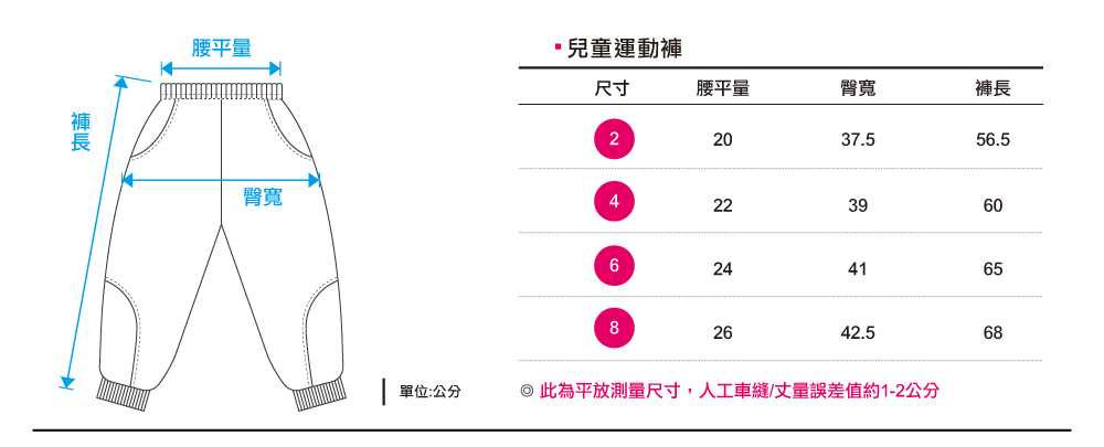 創e家團體服-幼兒園運動服/幼兒園制服-褲子尺寸表