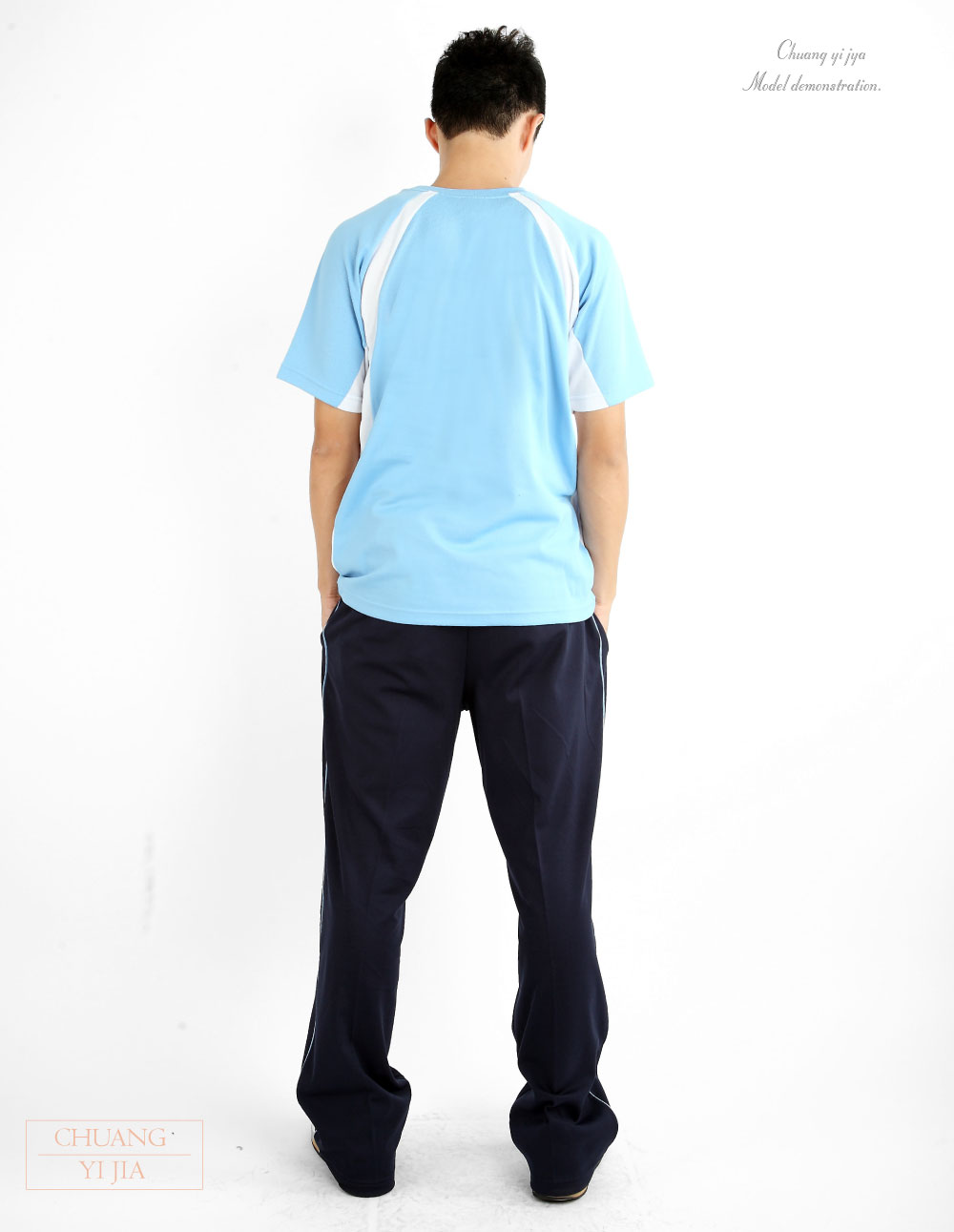 T恤訂製款圓領中性運動風-水藍接白