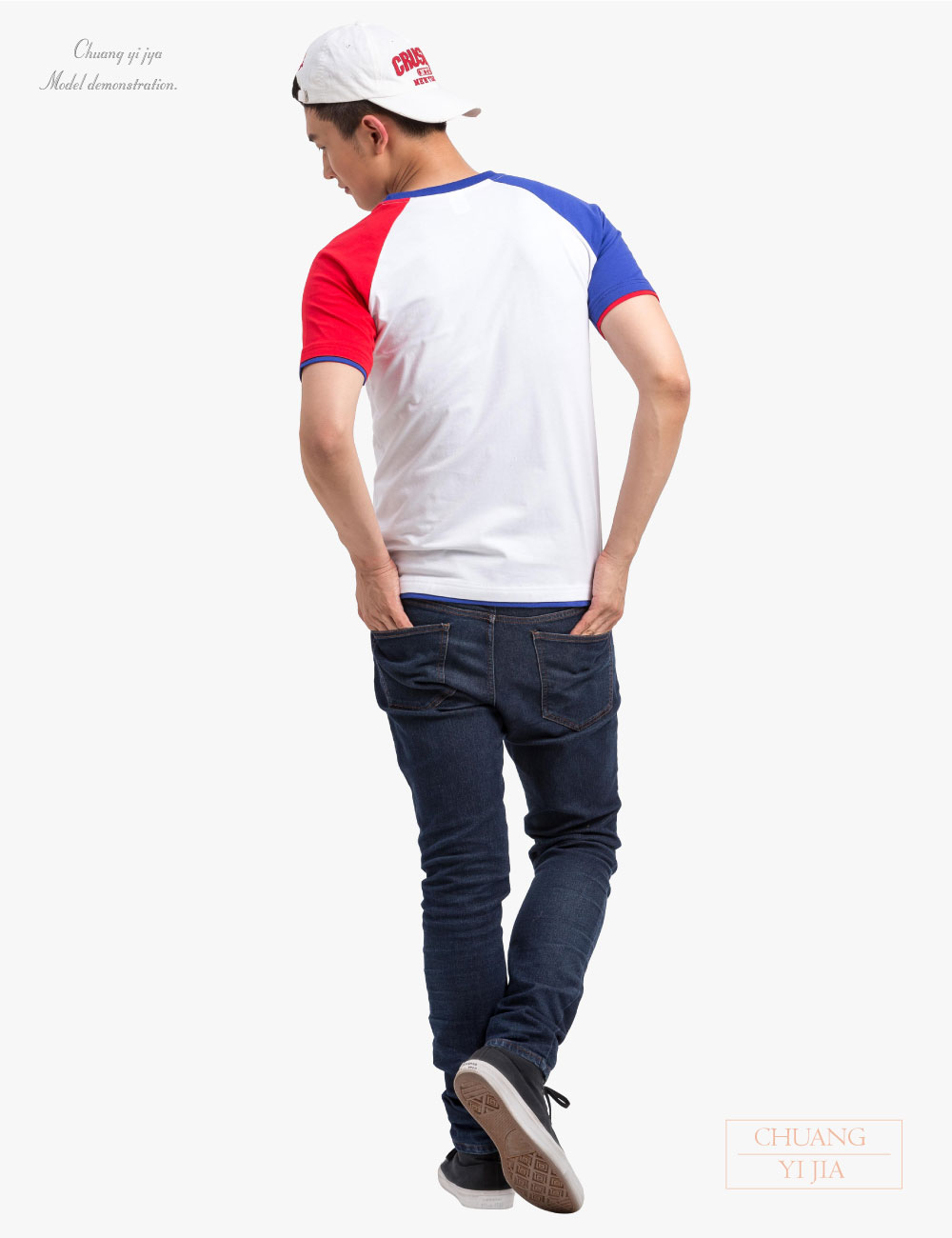 創意家團體服-訂製T恤雙色接袖圓領中性-白接藍/紅