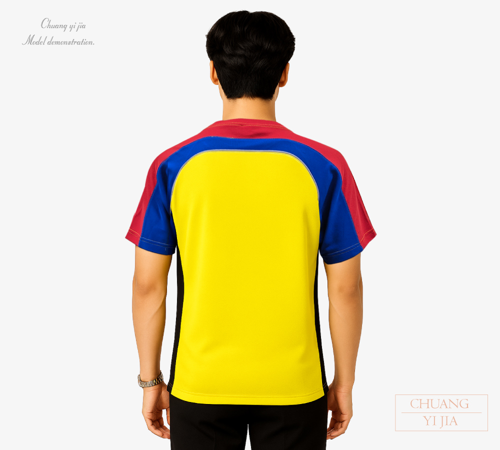 創意家團體服-客製化T恤|短袖|撞色剪接-黃配紅藍-背面示意