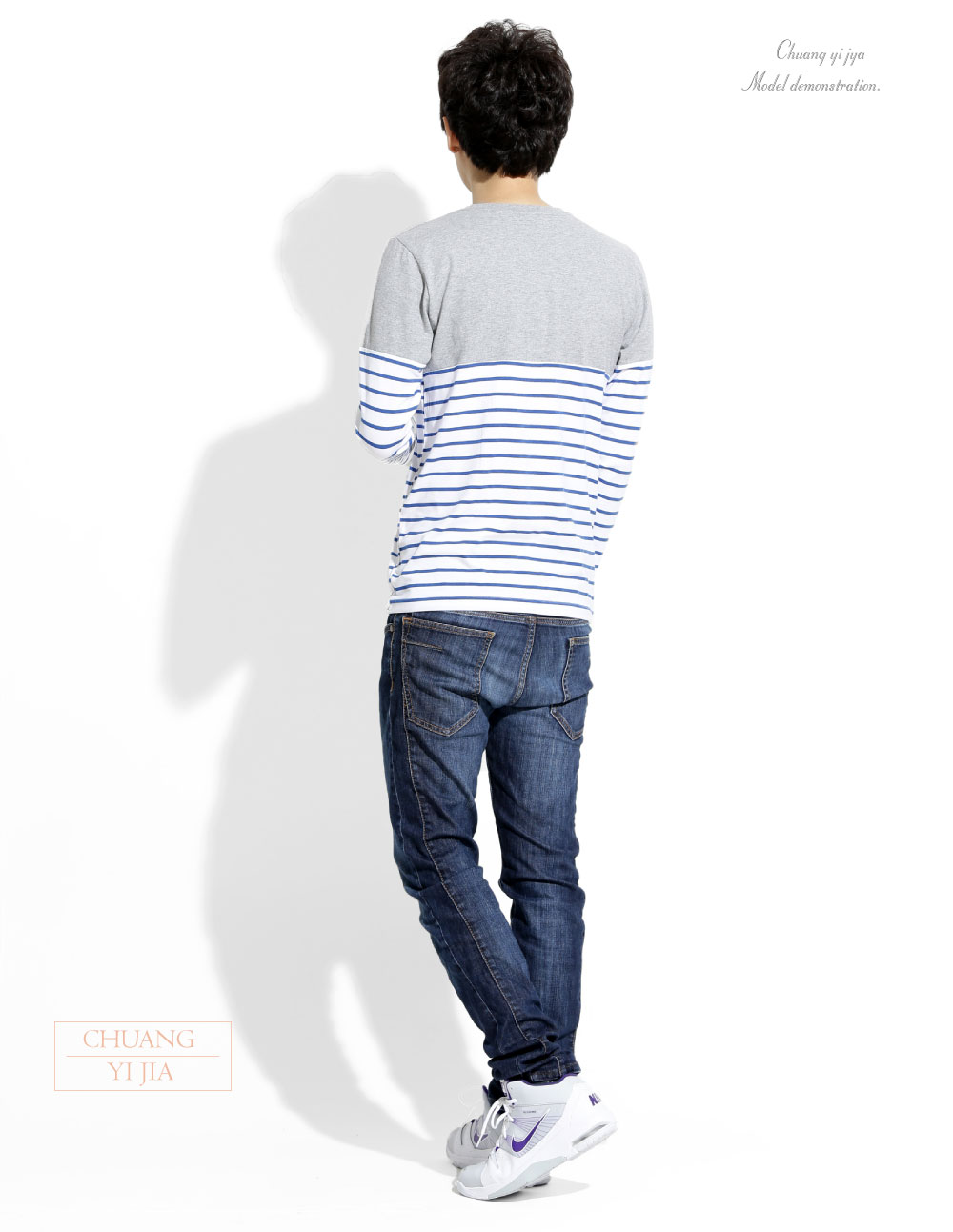 創e家團體服-T恤訂製款接片造型長袖中性-灰接藍白條 背面