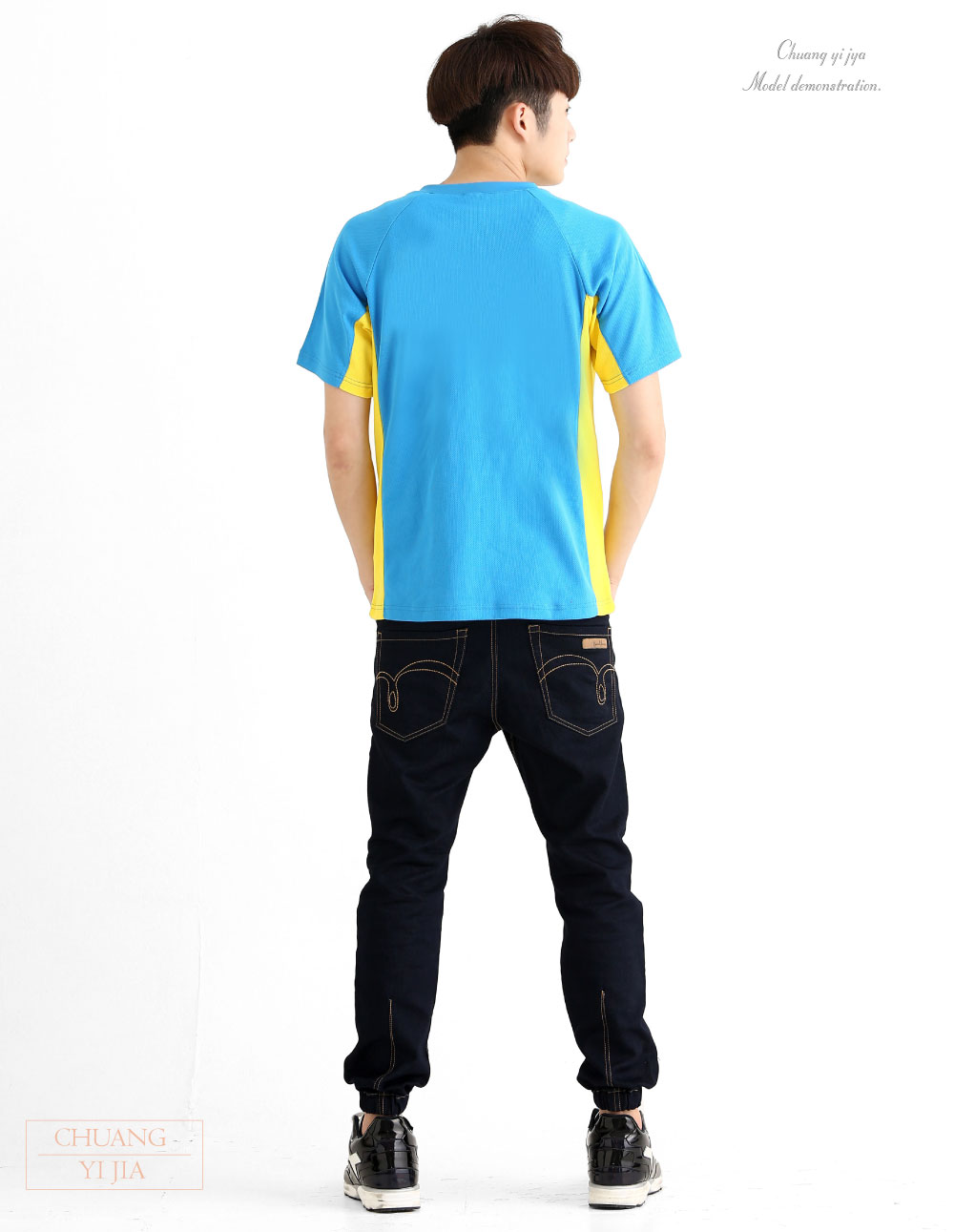 創意家團體服-T恤訂製款v領斜袖運動風-水藍接黃