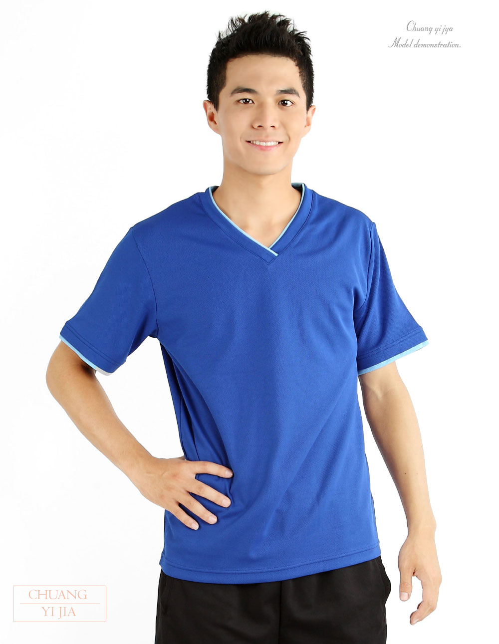 T恤訂製款v領素色中性-寶藍配水藍