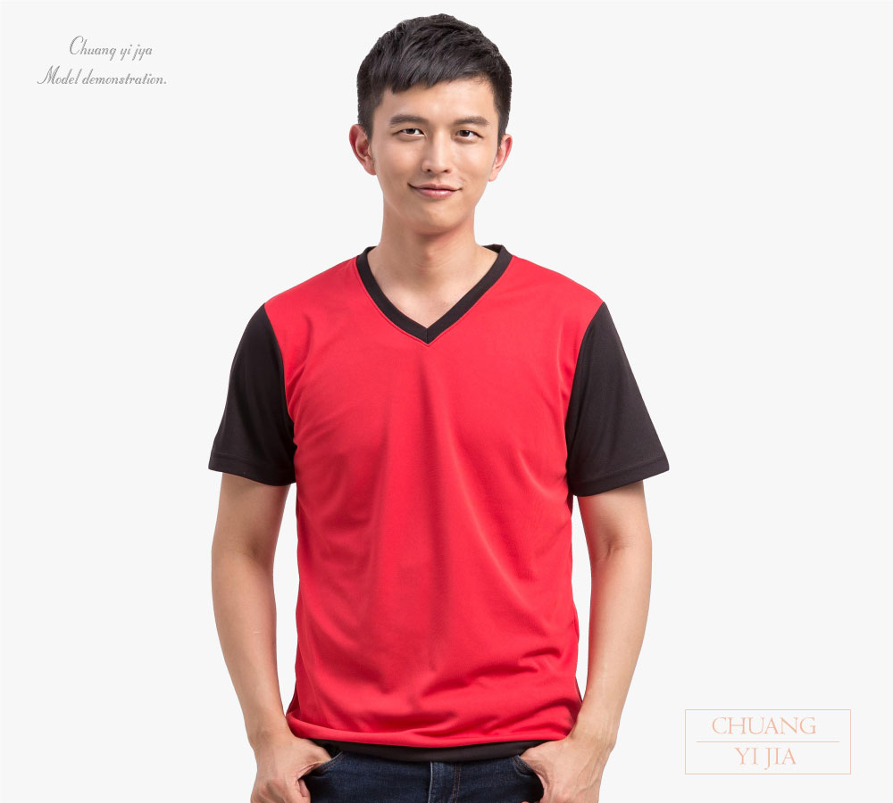 創意家團體服-T恤短袖訂製v領中性-紅/黑